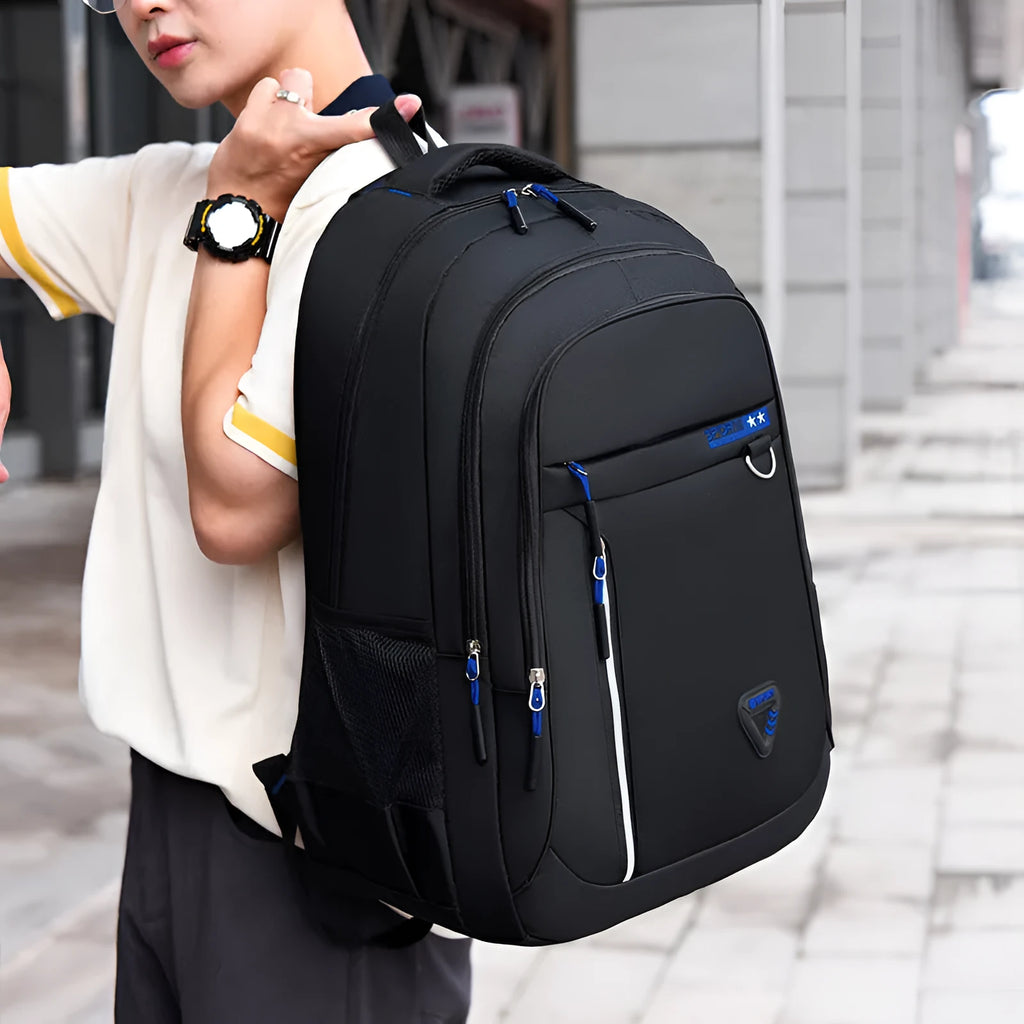 Men's Oxford cloth schoolbag in black with large capacity and air pillow belt burden reduction system