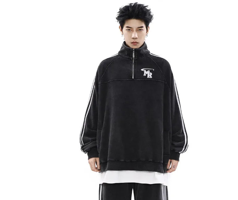 Black retro style polyester hooded sweater jacket with long sleeves on hanger