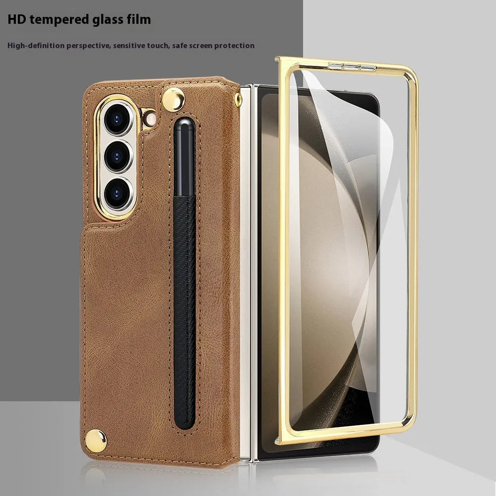 Samsung Z Fold PU phone case with folding bracket, pen slot and electroplated finish in black, brown, green or red