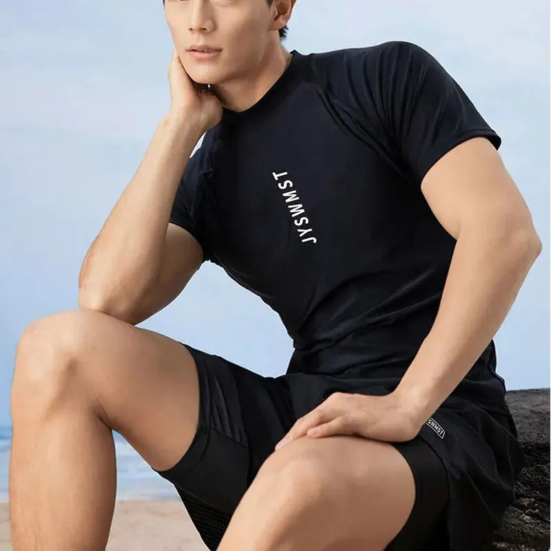 Men's polyester swimsuit set with matching top and trunks in plus sizes