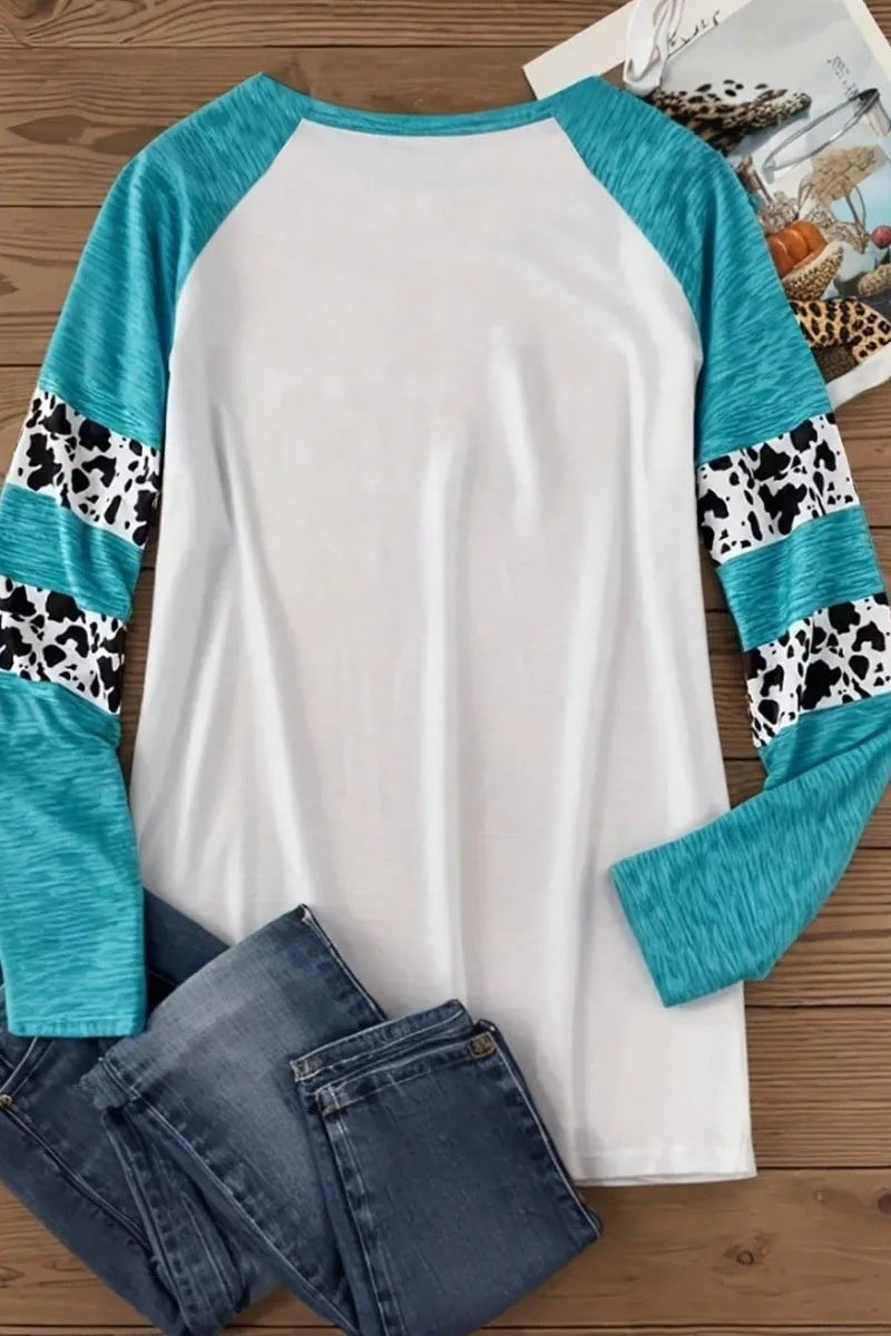 Sky blue polyester T-shirt with white 3D Halloween pumpkin print, long sleeve casual top