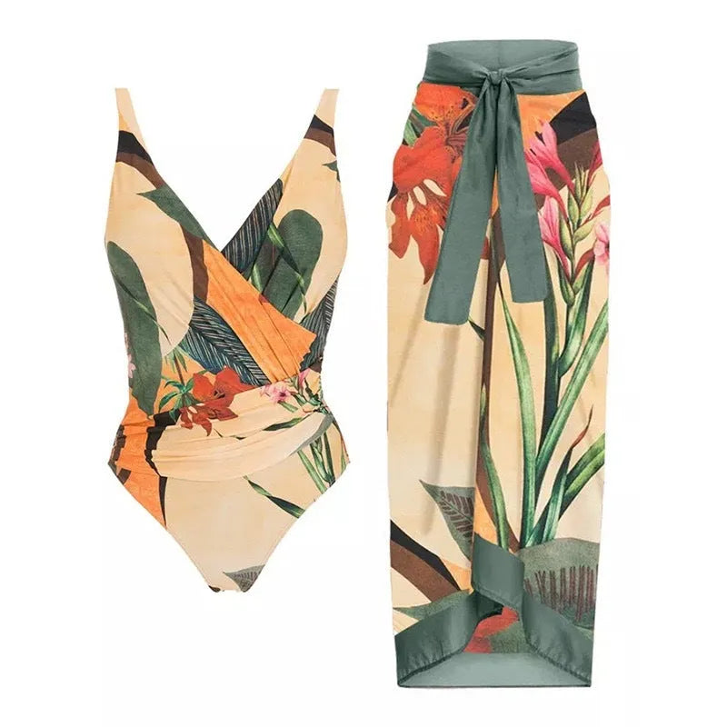 Women's solid colour one-piece swimsuit with spaghetti straps and detachable skirt