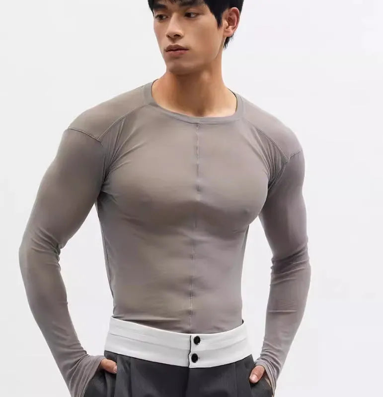Black slim-fit women's pullover top with mesh see-through texture and long sleeves.