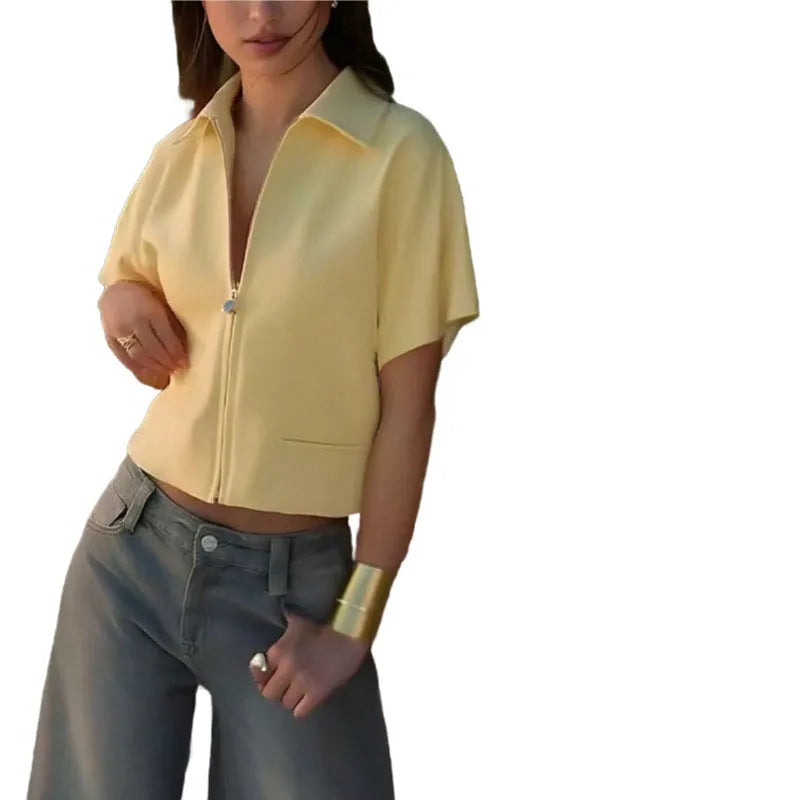 Women's loose fit casual polyester short sleeve top in white, black or yellow