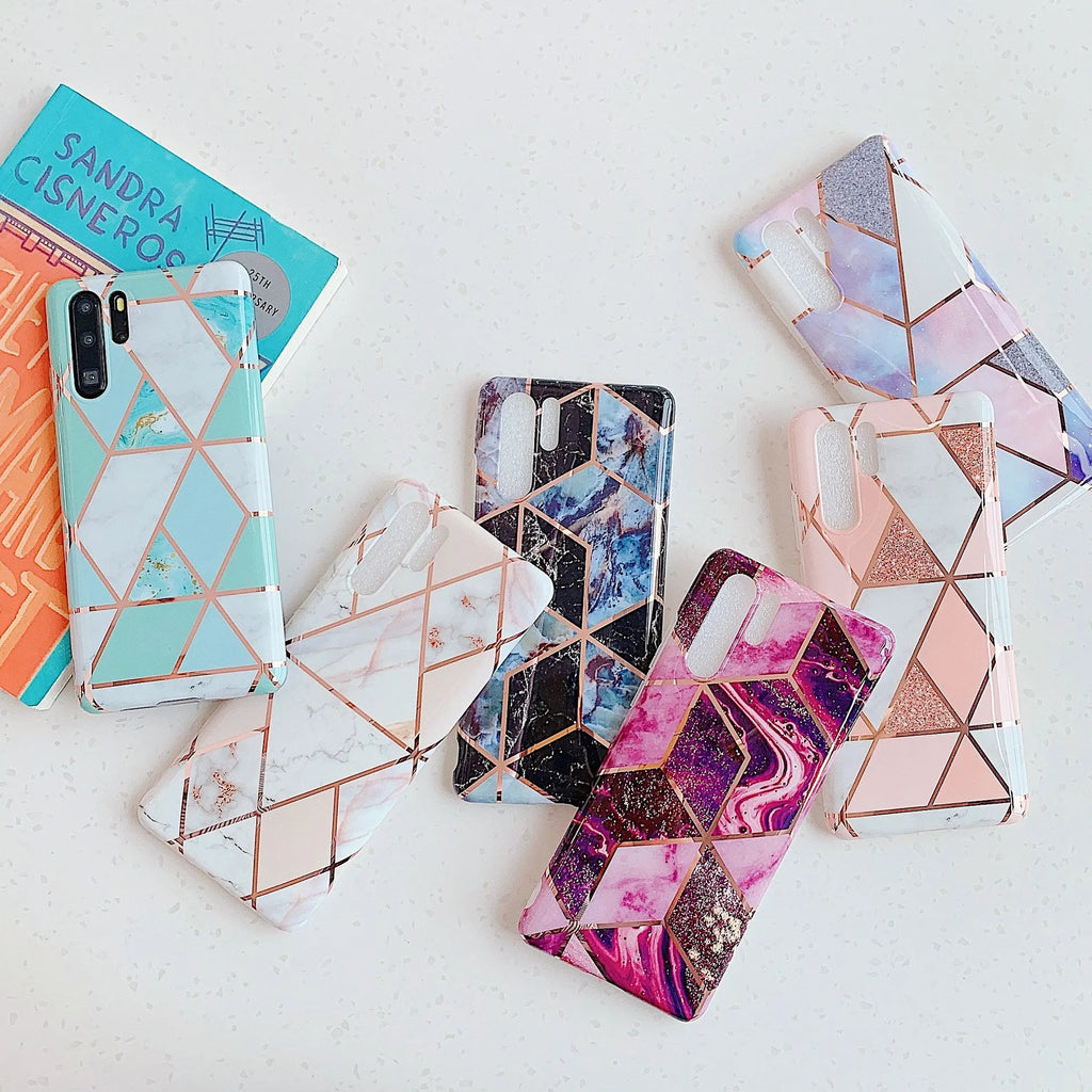 Electroplated marble mobile phone case with holographic finish on smartphone