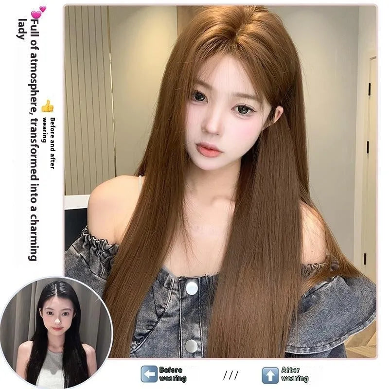 Warm brown long straight lace front wig with centre-parted bangs and side bangs.