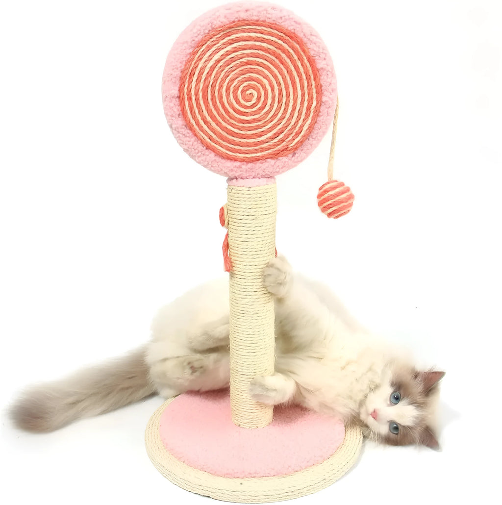 Blue cat scratching post with sisal rope and a hanging ball toy on a sturdy wooden base.