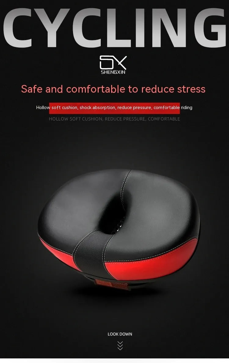 Large red bicycle saddle with reflective stickers and shock absorber for plus-size riders