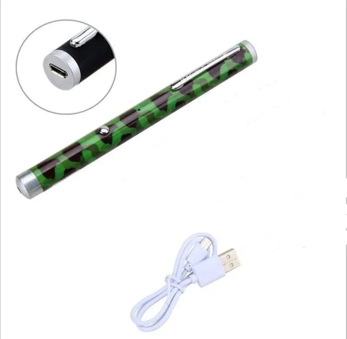 Green laser pointer pen in black, white, and camouflage colour options showing metal body construction.