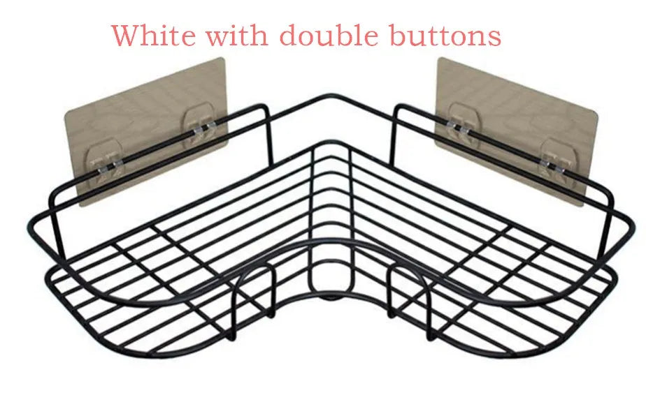 Punch-free iron single-layer corner rack for bathroom and kitchen storage in white or black with suction stickers.