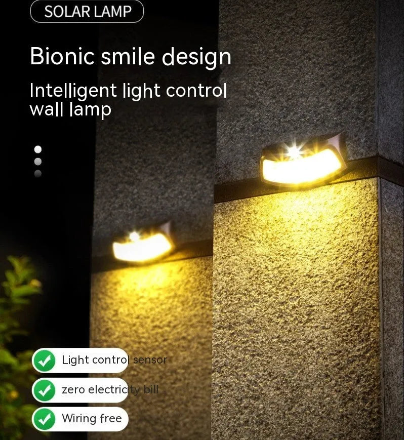 Solar-powered retro decorative wall lamp with smiling face design for garden lighting