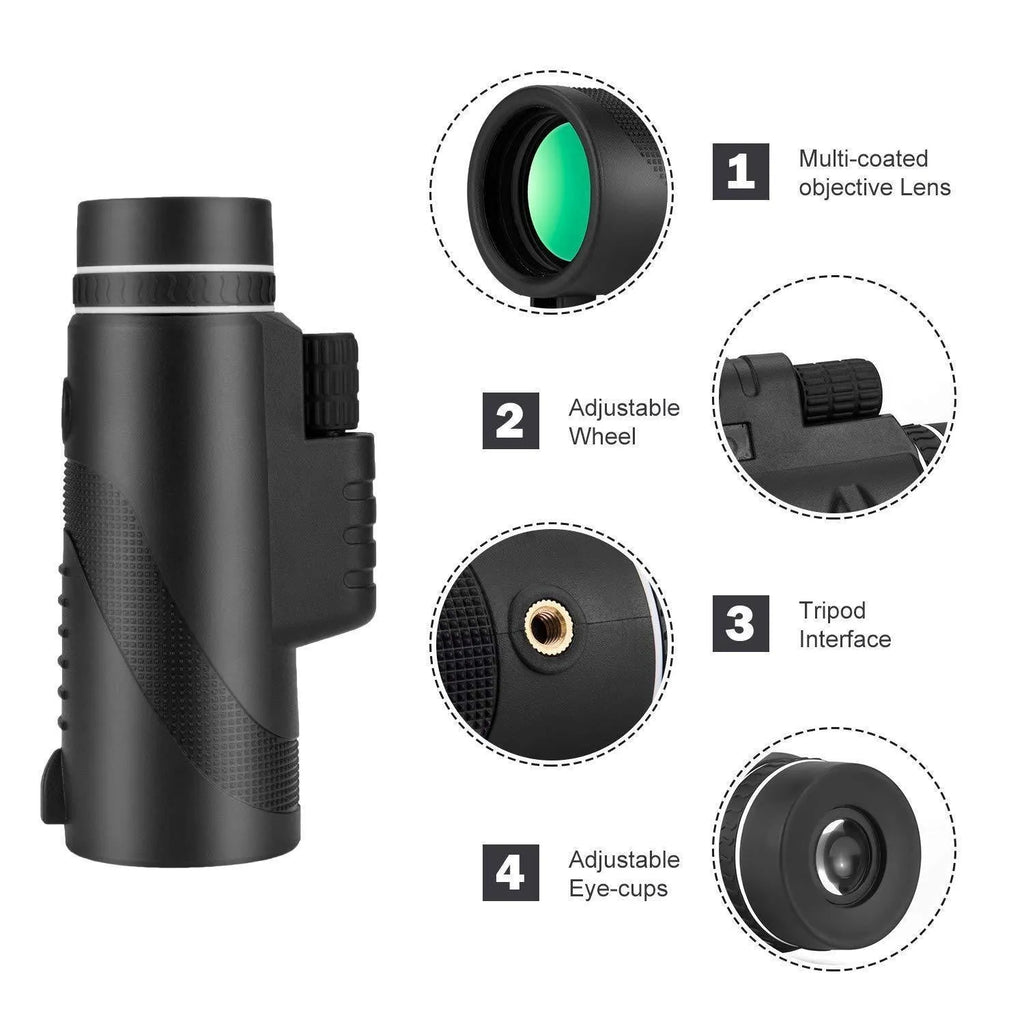 Black 40x60 monocular telescope showing lens details and compact size