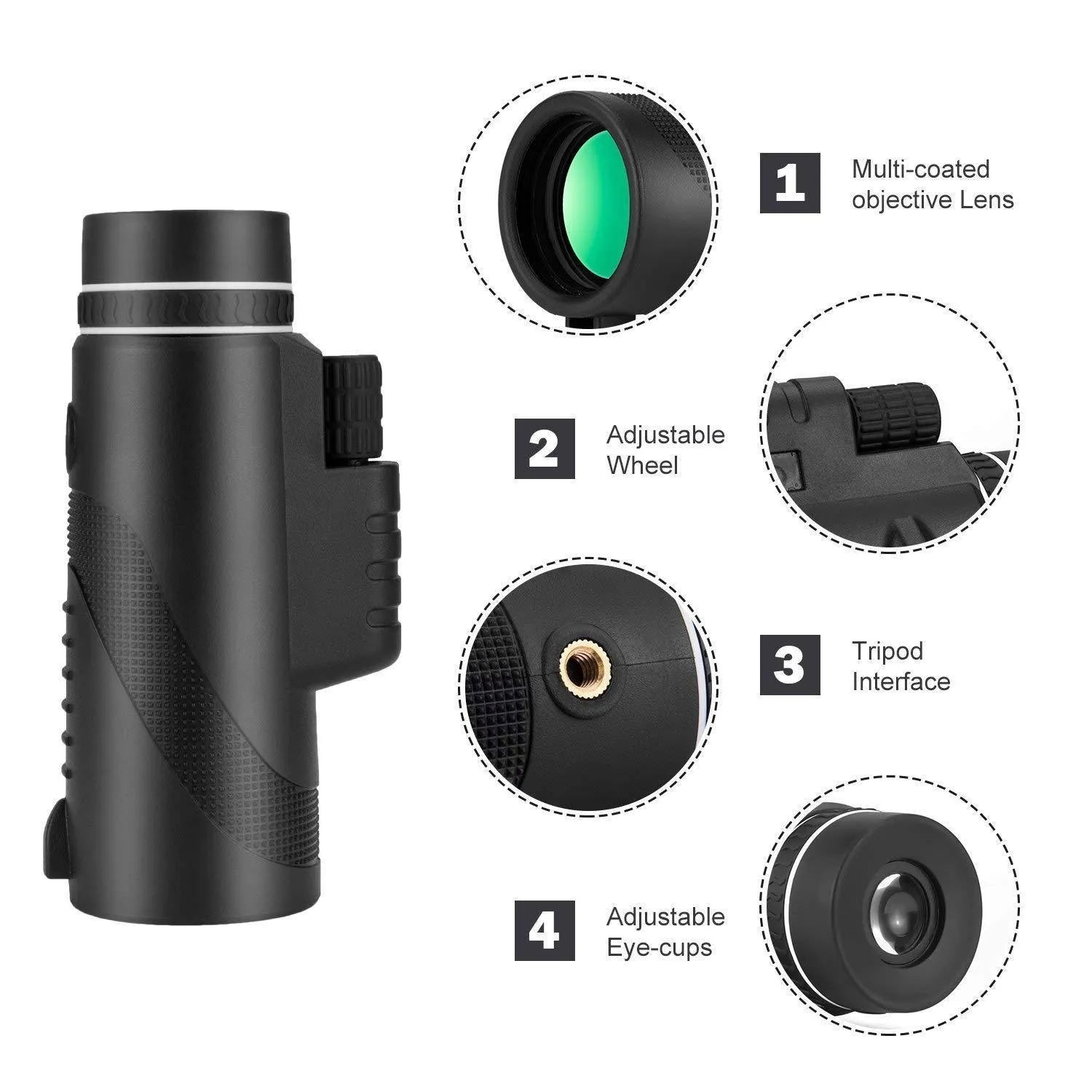 Black 40x60 monocular telescope showing lens details and compact size