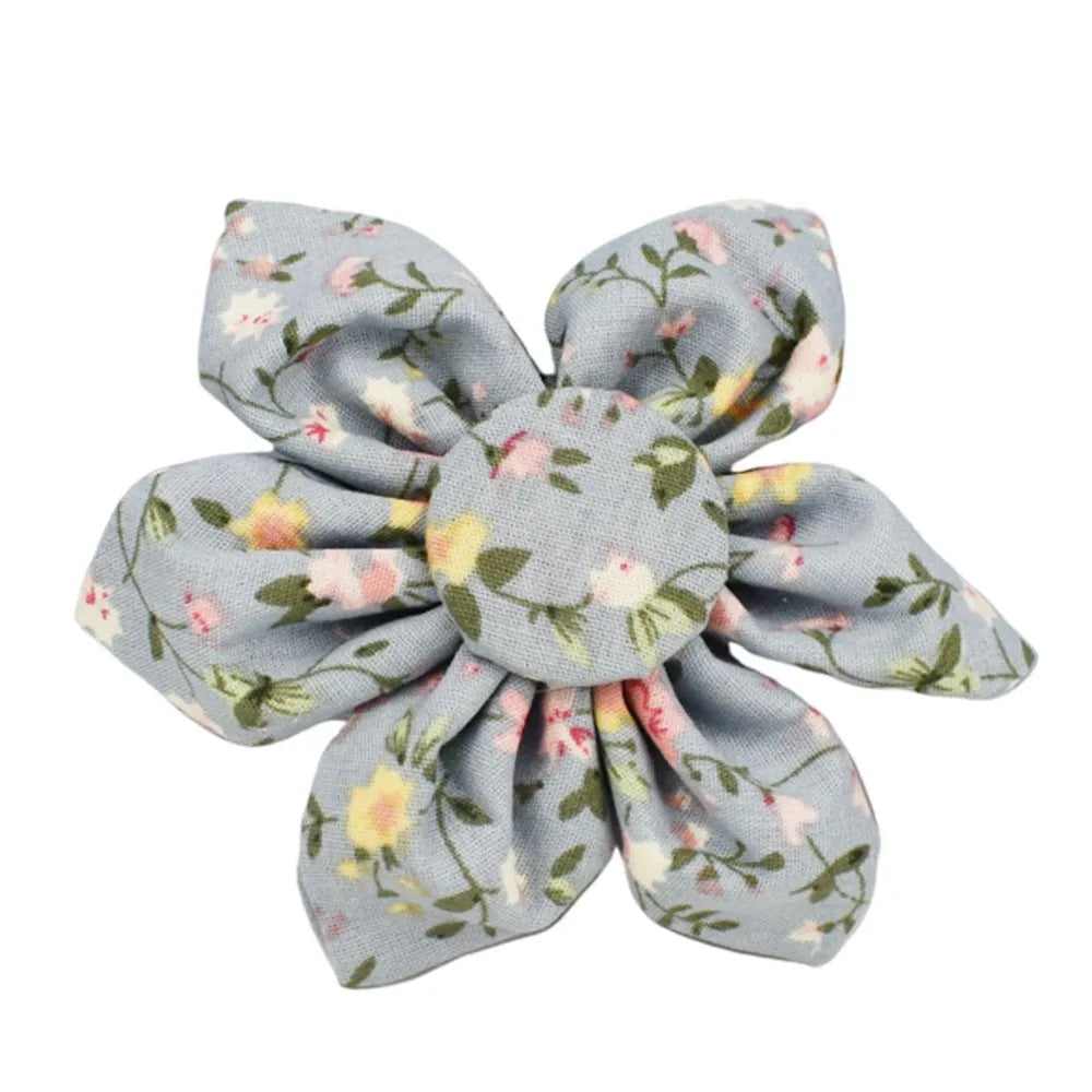 Blue floral pattern dog collar set with adjustable sizing and multiple accessory pieces