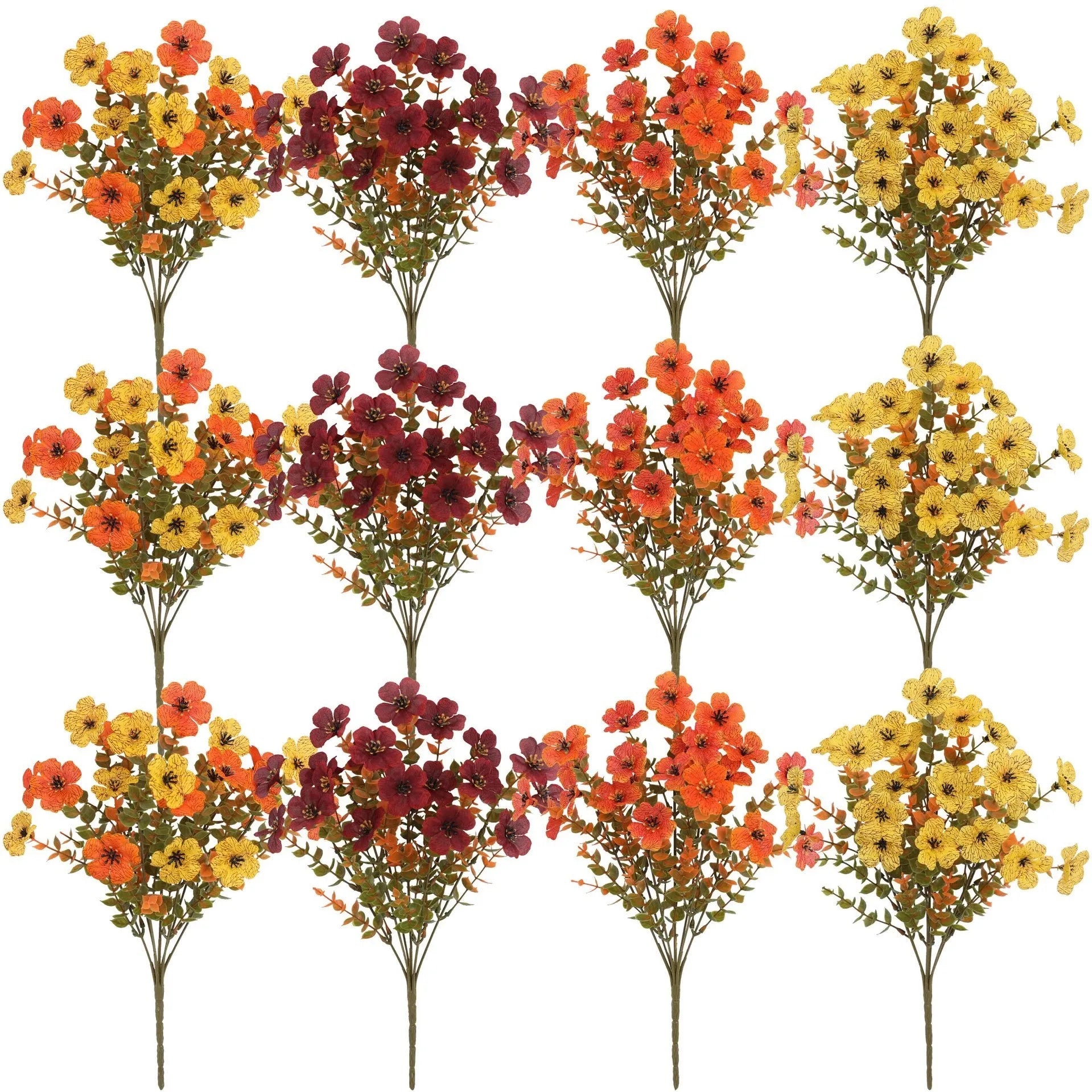 Artificial flower bouquet in autumn colours of red, yellow, orange, and orange yellow for home decoration
