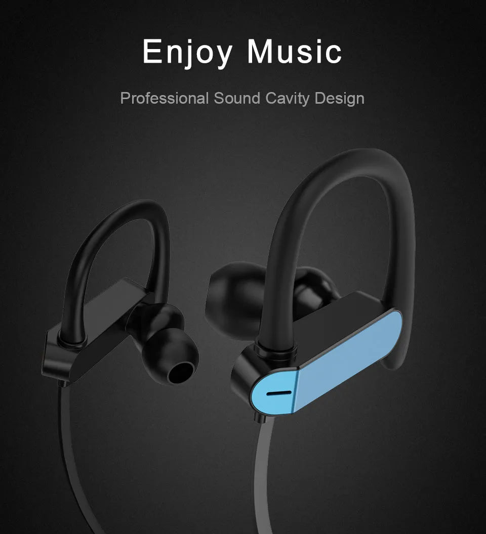 Black and blue sport ear hook earbuds with in-line microphone, shown with flexible hooks and silicone earbud tips