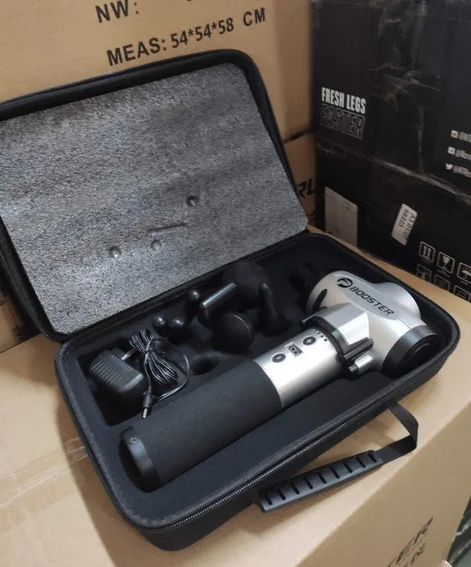 Black and white muscle massage gun with adjustable speed settings and a 12mm stroke.