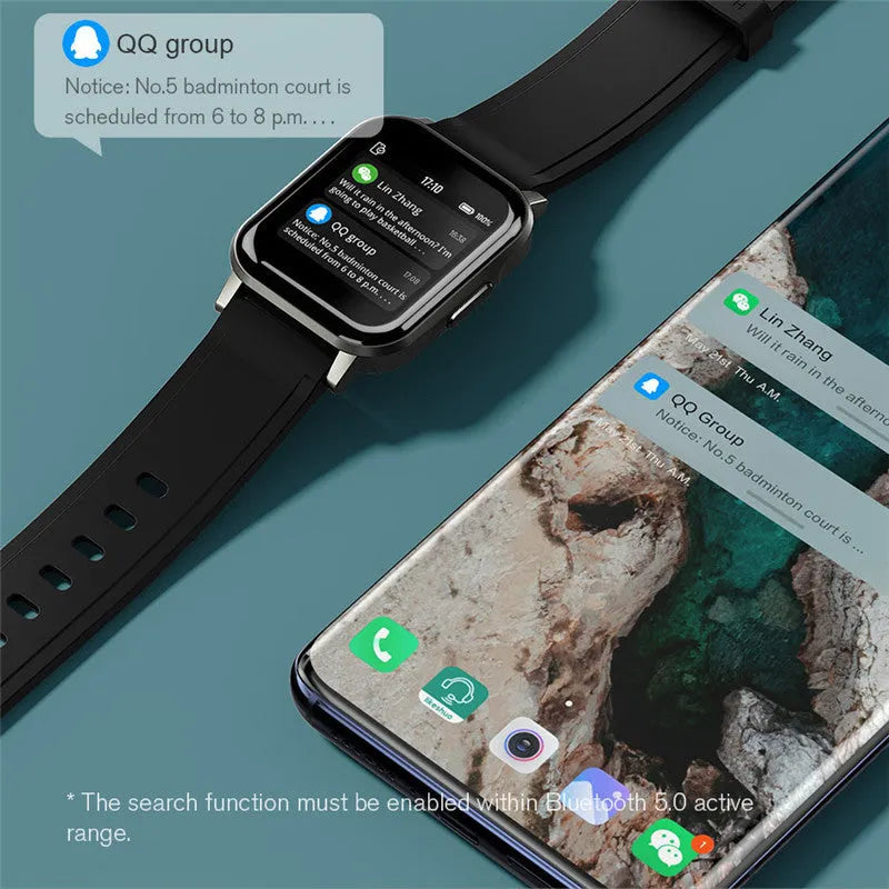 Black waterproof smart fitness bracelet with colour screen on a silicone wrist strap.
