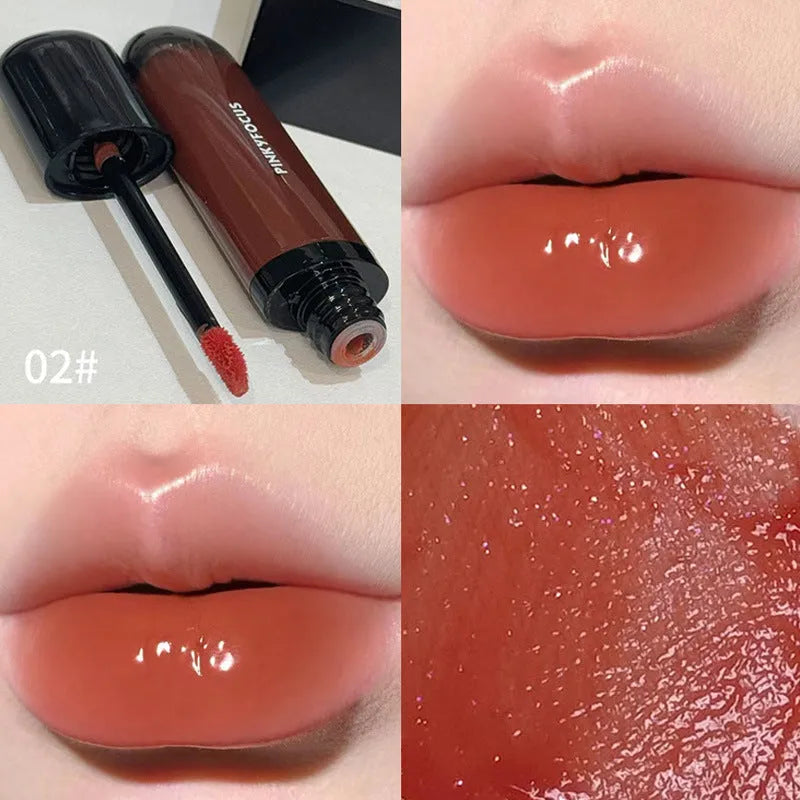 Black Shiny Makeup Mirror Lip Lacquer in six colour options including tomato, orange brown, and rose.