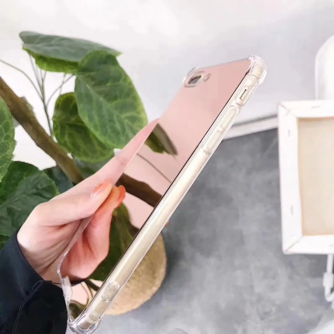 Mirror finish iPhone case in various colours showing reflective surface and TPU soft protective construction