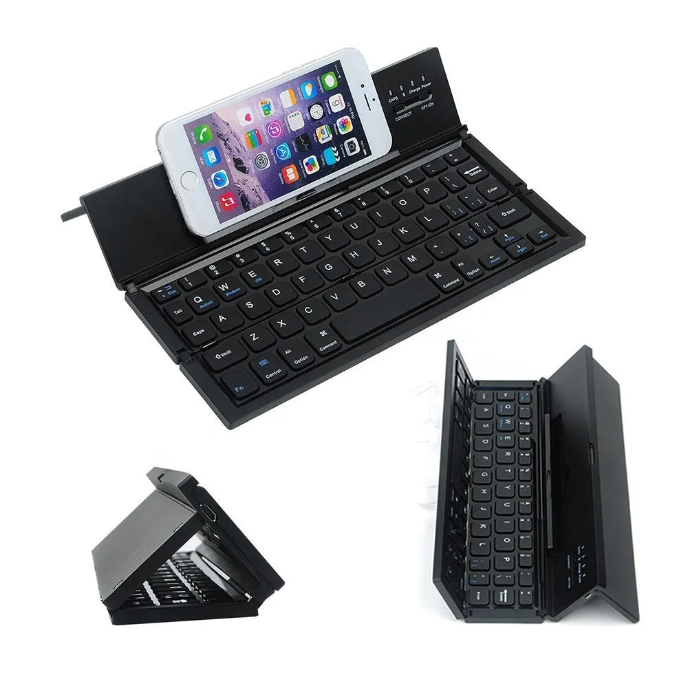 Black and white mini folding wireless Bluetooth keyboard for tablets, shown open with numeric keypad.