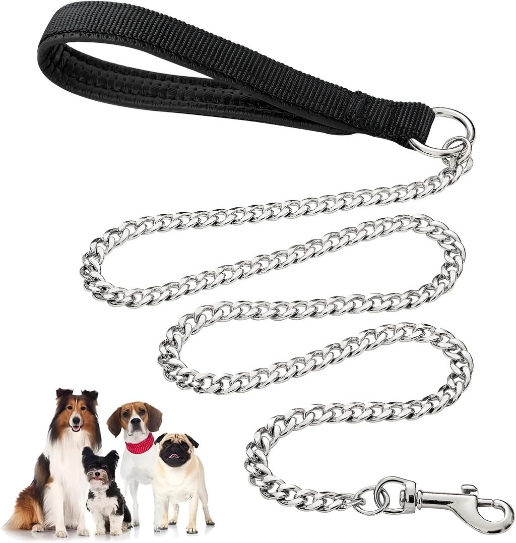 Heavy duty metal dog chain leash with soft black padded handle, shown with large dog