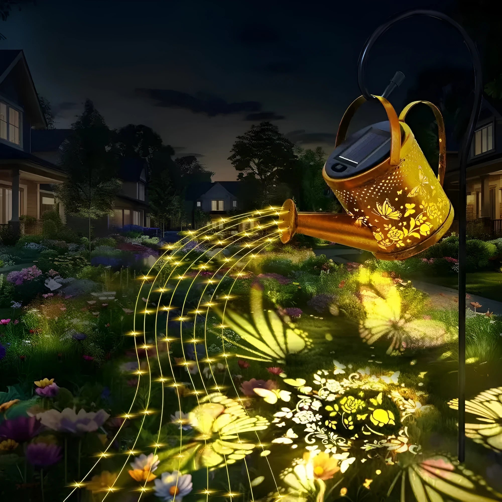 Solar-powered butterfly kettle decorative light with wrought iron construction for outdoor courtyard placement