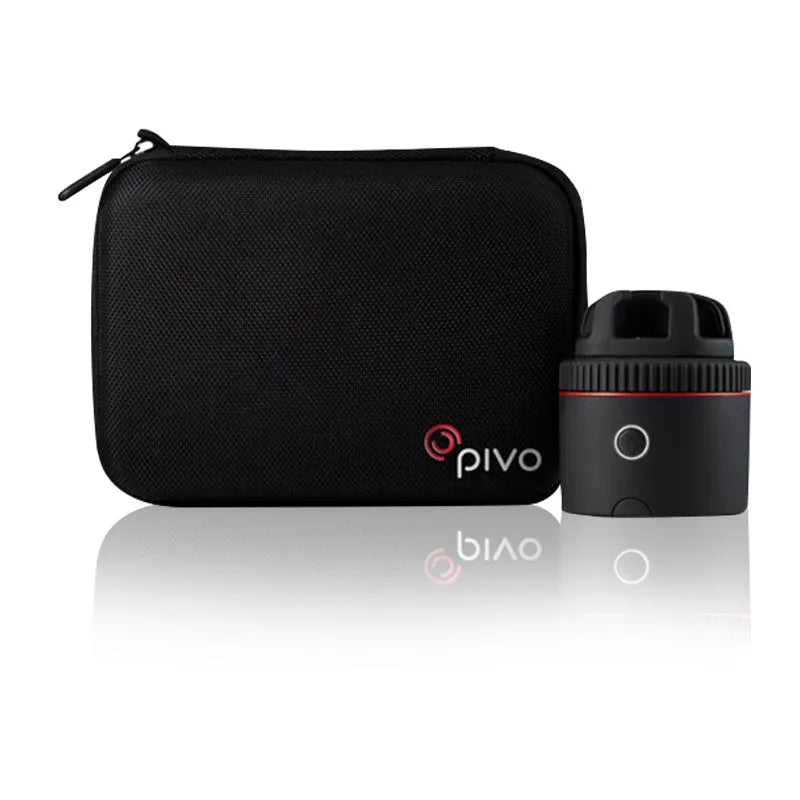 Black PIVO facial tracking camera with matte finish, showing smartphone mount and rotation base.