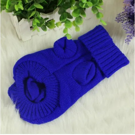 Knitted wool dog sweater with fabric buttons, available in eight colours and sizes XS to XXL