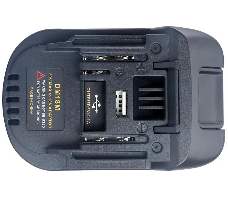Black Milwaukee DM18M to Makita H99F battery adapter showing connection terminals