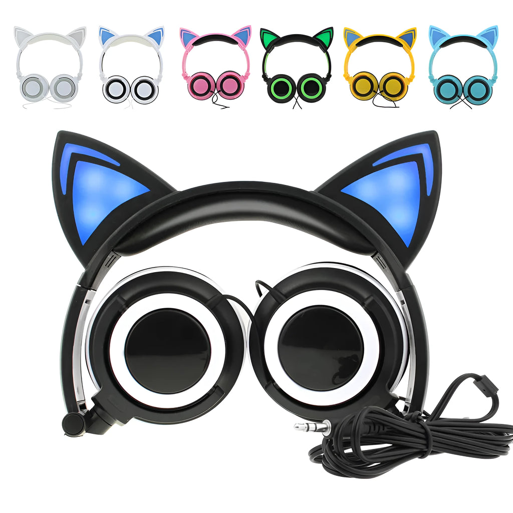 Colourful LED cat ear headphones with illuminated ears and cushions on a dark background.