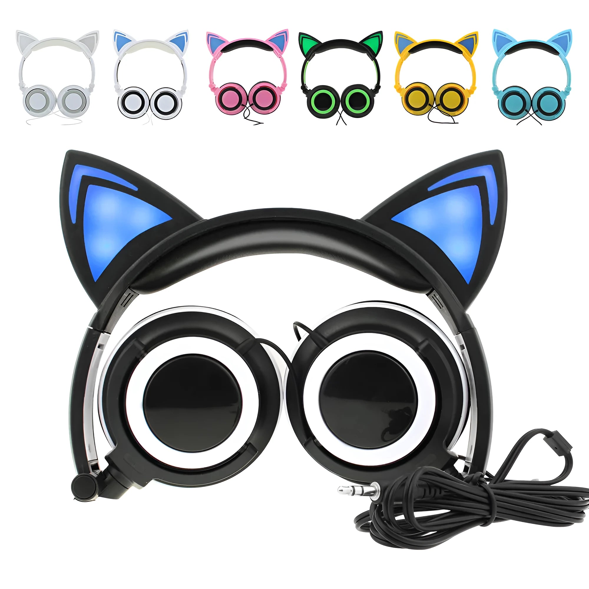 Colourful LED cat ear headphones with illuminated ears and cushions on a dark background.