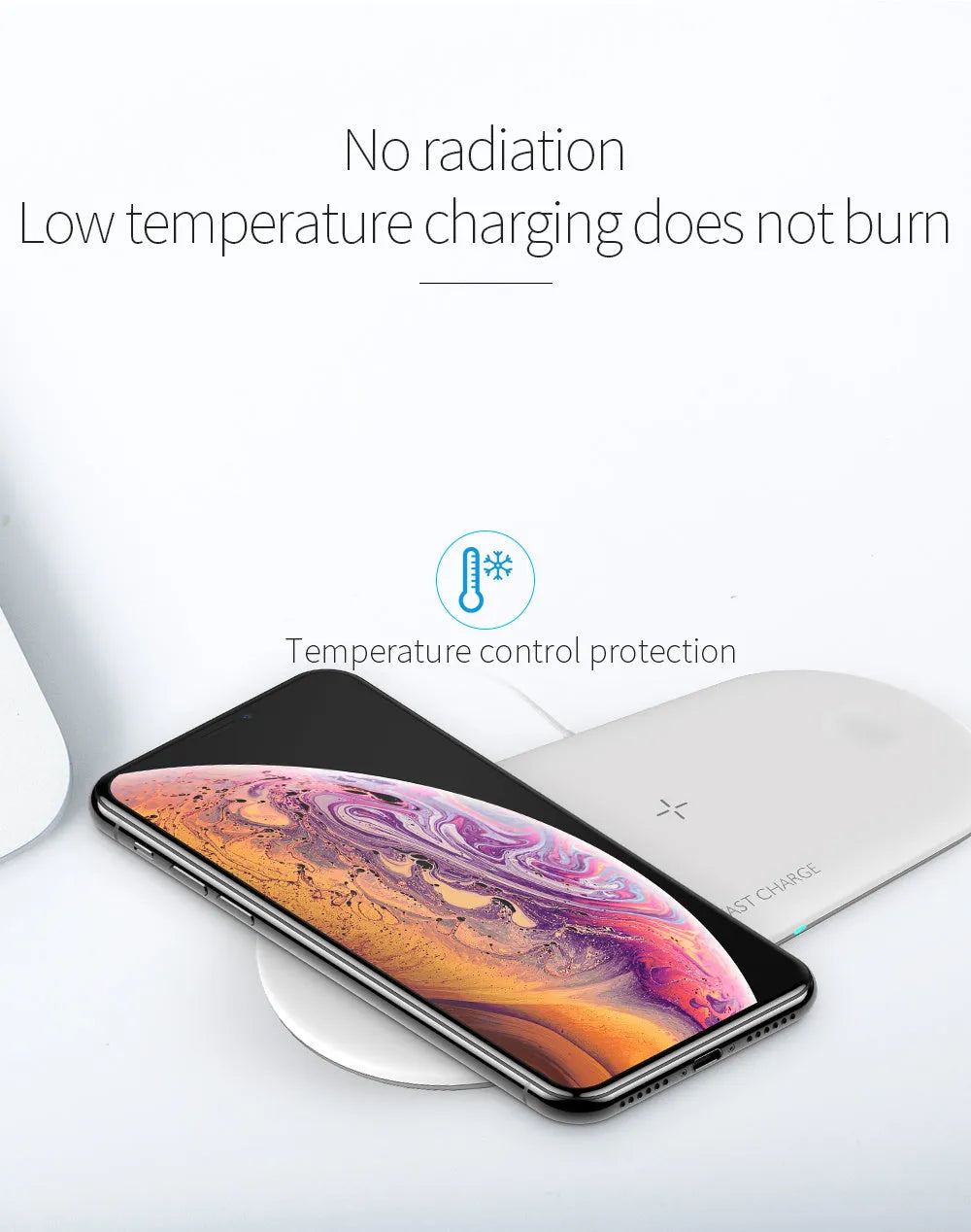 A black three-in-one desktop wireless charging station for an iPhone, an Apple Watch, and wireless headphones.