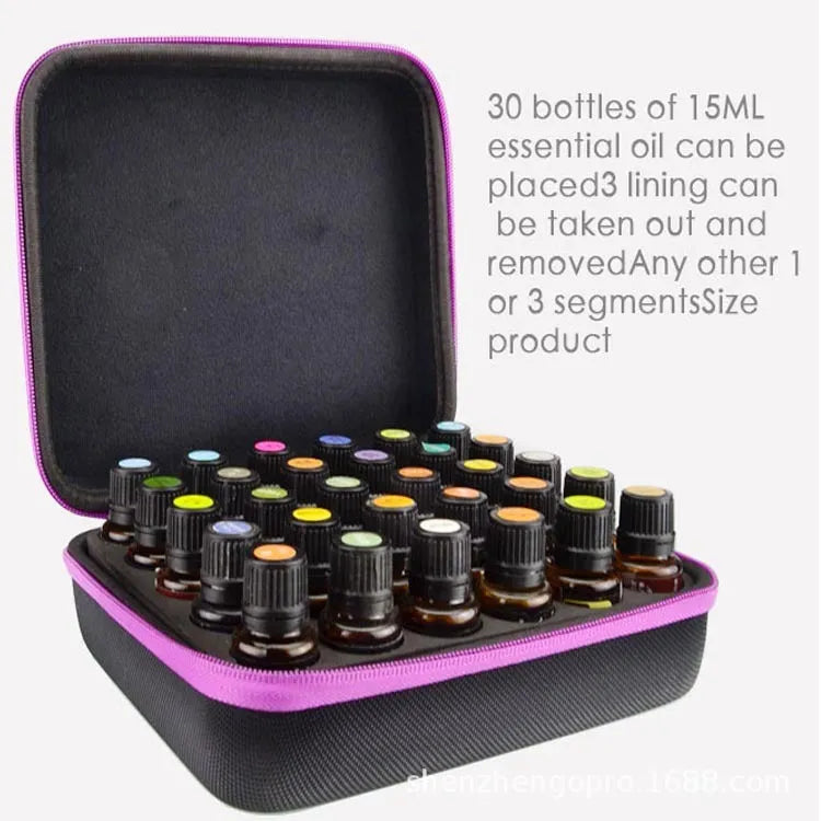 Cube-shaped essential oil storage bag with 30 compartments for 15ml bottles, shown in available colours.