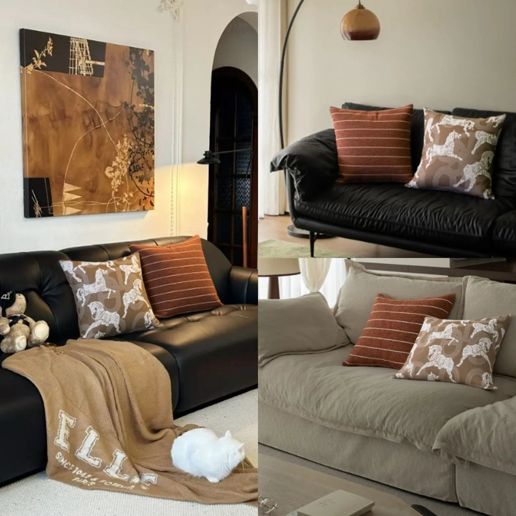 Square Chinese style cushion with geometric pattern in brown Maillard colour options on a sofa.