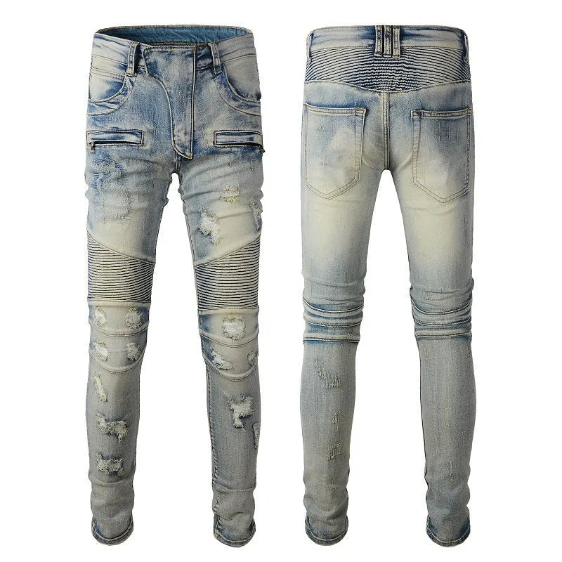 Light blue men's slim stretch jeans with hand-frayed distressing on the knees and hem.