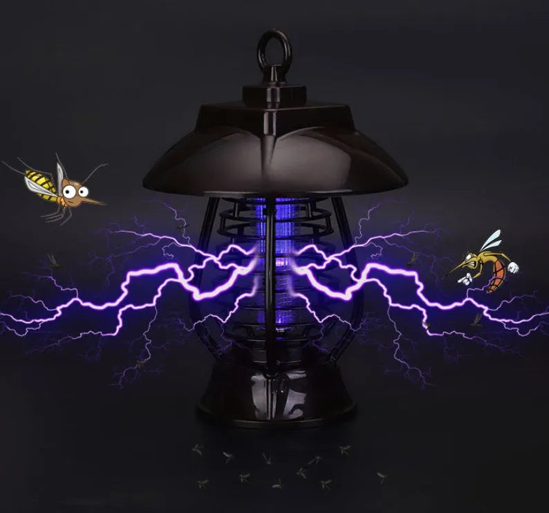 White solar-powered mosquito lamp with purple switch and LED lights for garden insect control