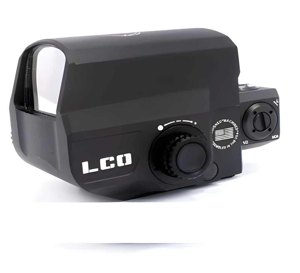 Tactical red dot sight with holographic reflex reticle mounted on 20mm rail for firearms