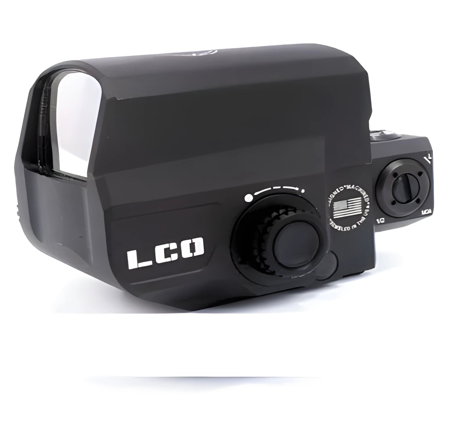 Tactical red dot sight with holographic reflex reticle mounted on 20mm rail for firearms