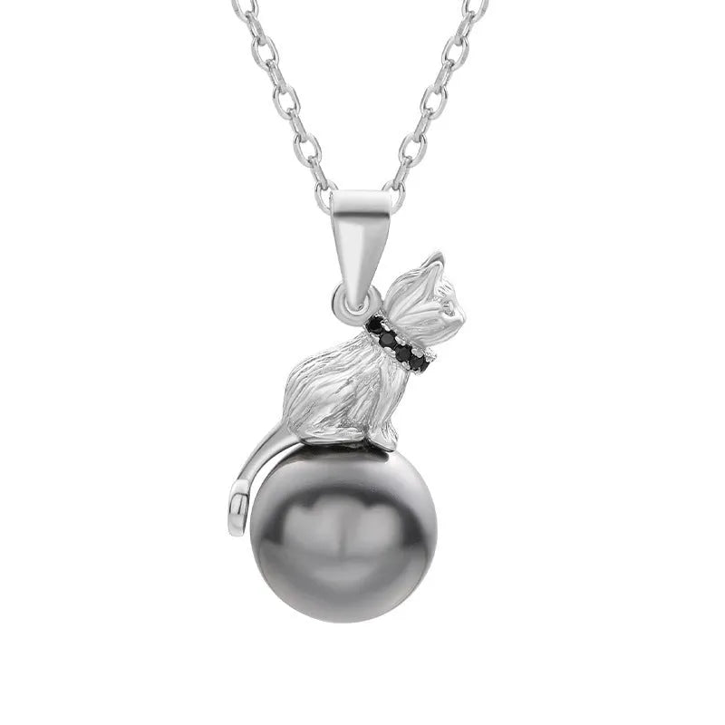 925 sterling silver cat pendant necklace with clavicle-length chain and electroplated finish
