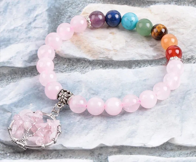 Women's seven chakras crystal beaded bracelet with 8mm powder crystal beads and copper fittings, about 18.8cm long