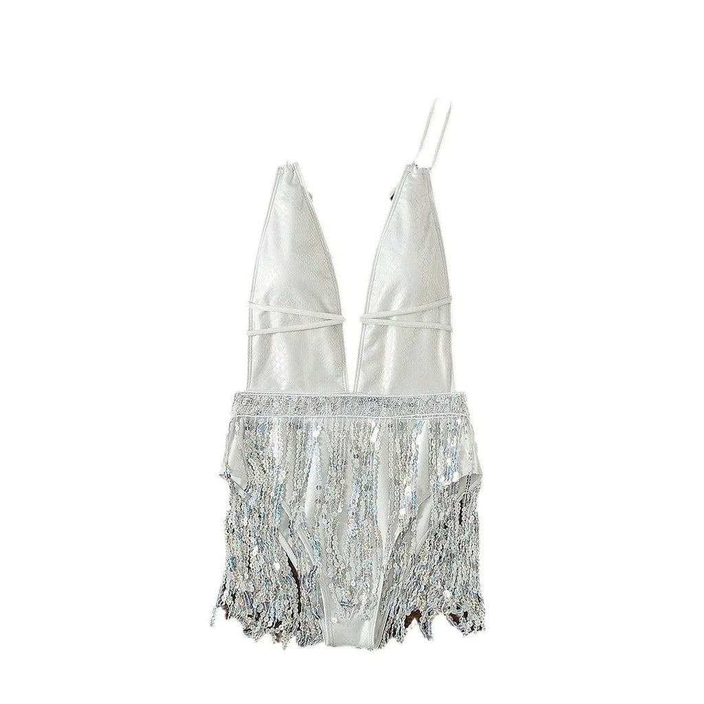 White deep V-neck tassel dress one-piece swimsuit for swimming