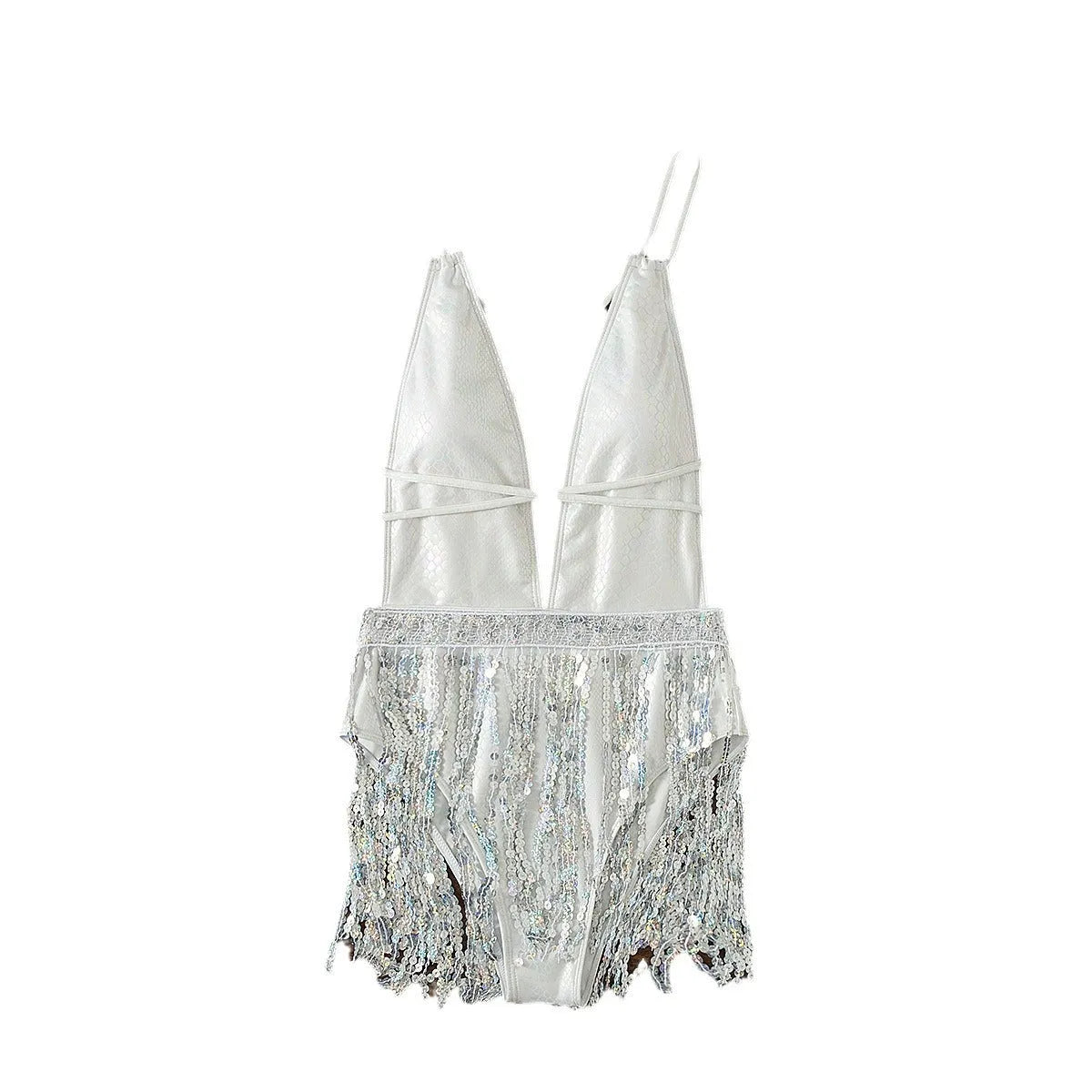 White deep V-neck tassel dress one-piece swimsuit for swimming