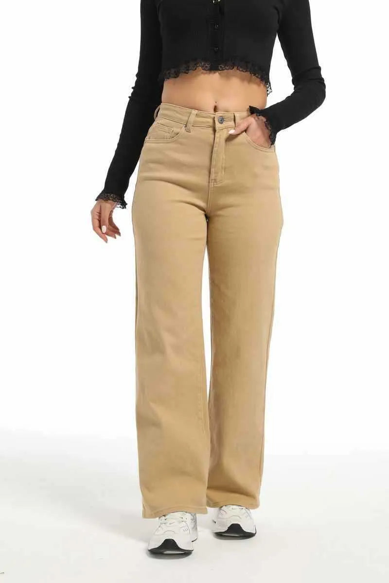 Women's high waist wide leg straight jeans in apricot colour made from high elasticity cotton fabric
