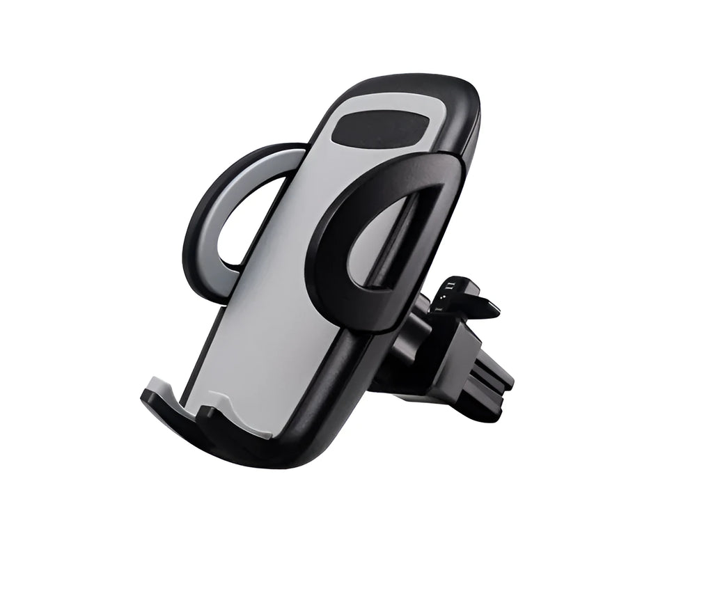 Black plastic mobile phone holder attached to car air conditioning outlet for hands-free navigation