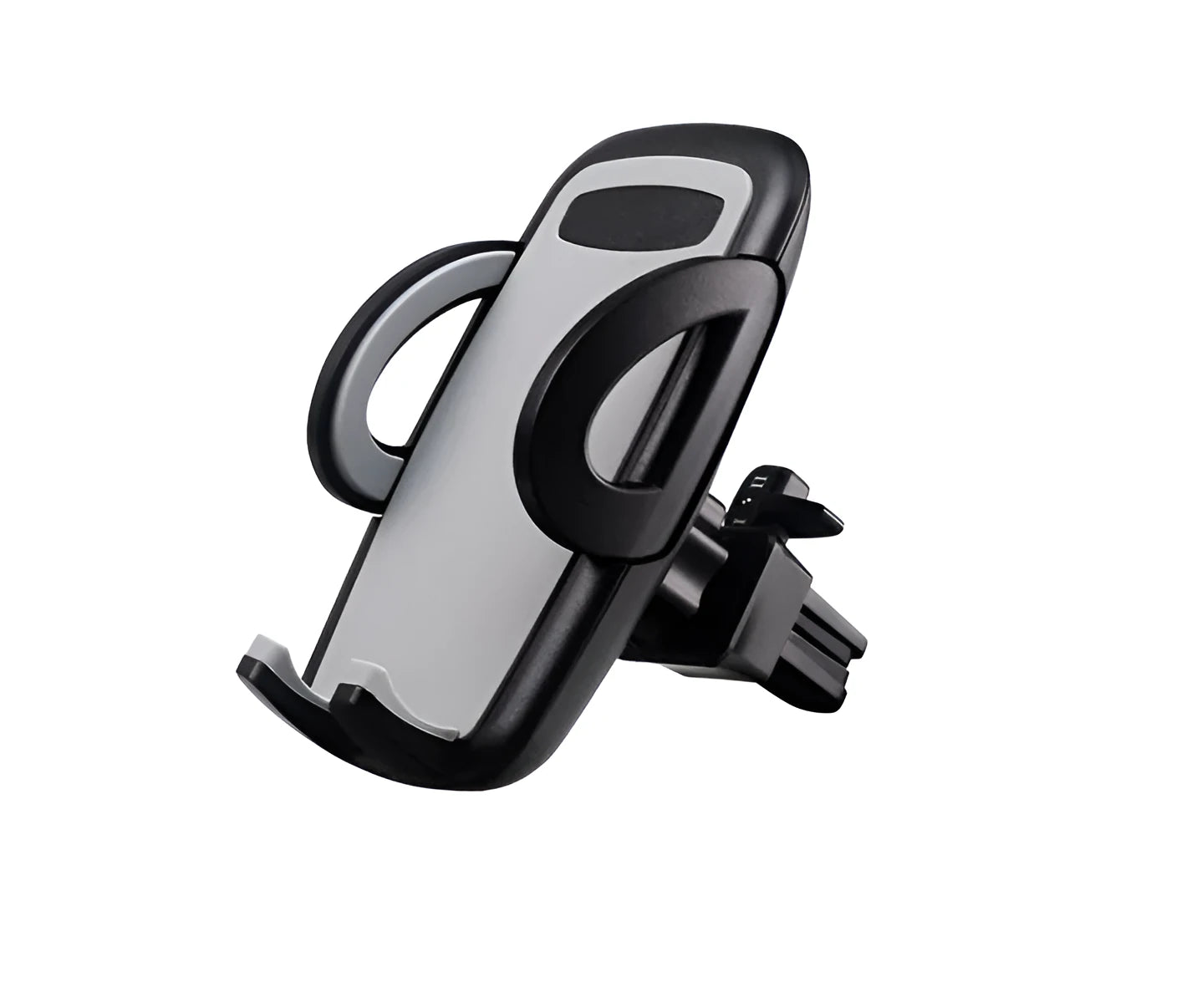 Black plastic mobile phone holder attached to car air conditioning outlet for hands-free navigation