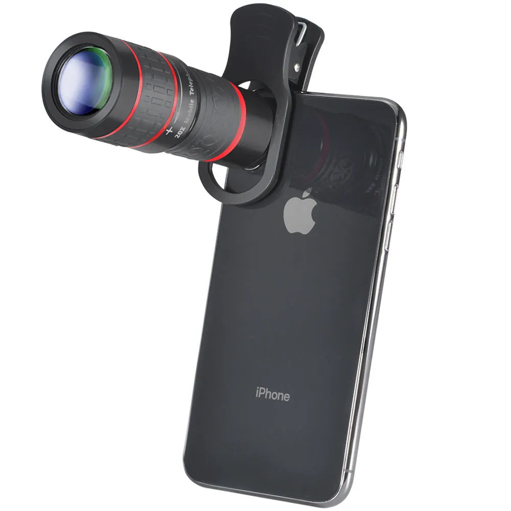 20x magnification mobile phone telescope with universal mounting clip and single eye mask for long-range photography.