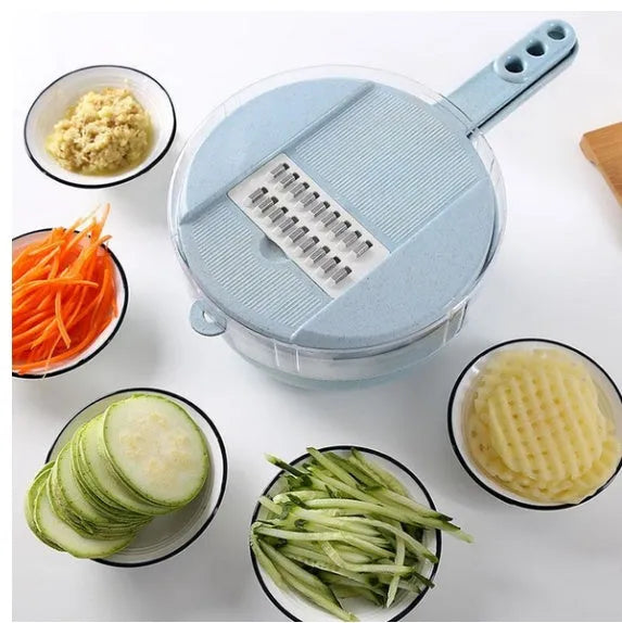 8-in-1 mandoline slicer with stainless steel blades, strainer, container, and hand protector in blue or pink.