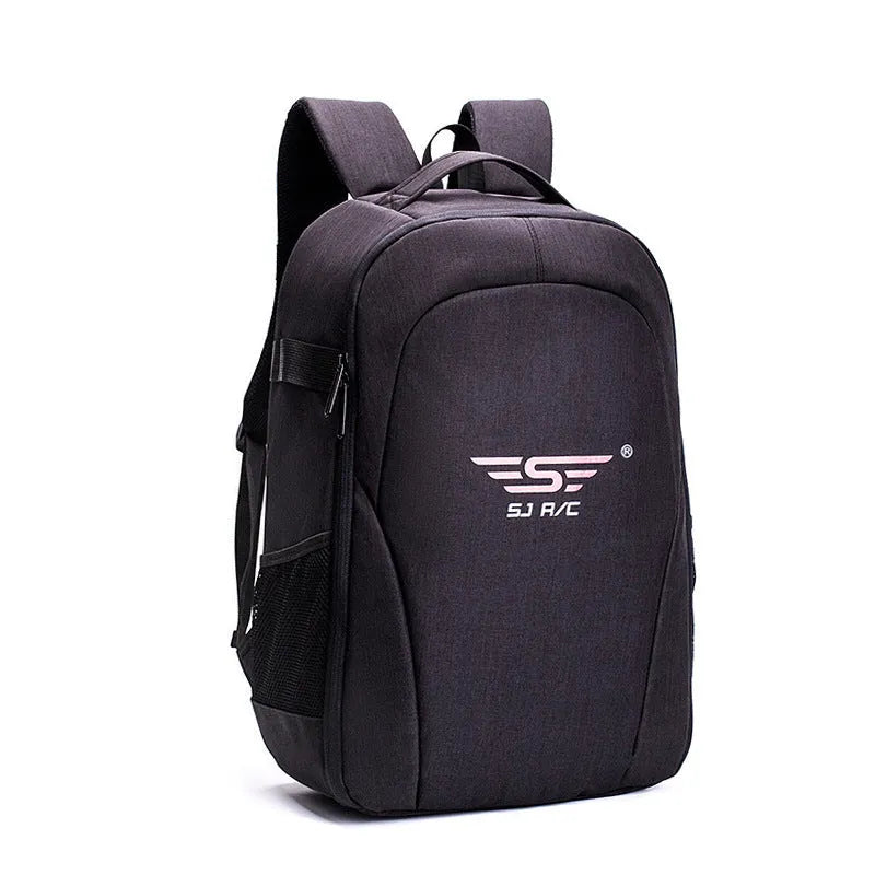 Black Oxford cloth drone backpack showing internal camera and laptop compartments.