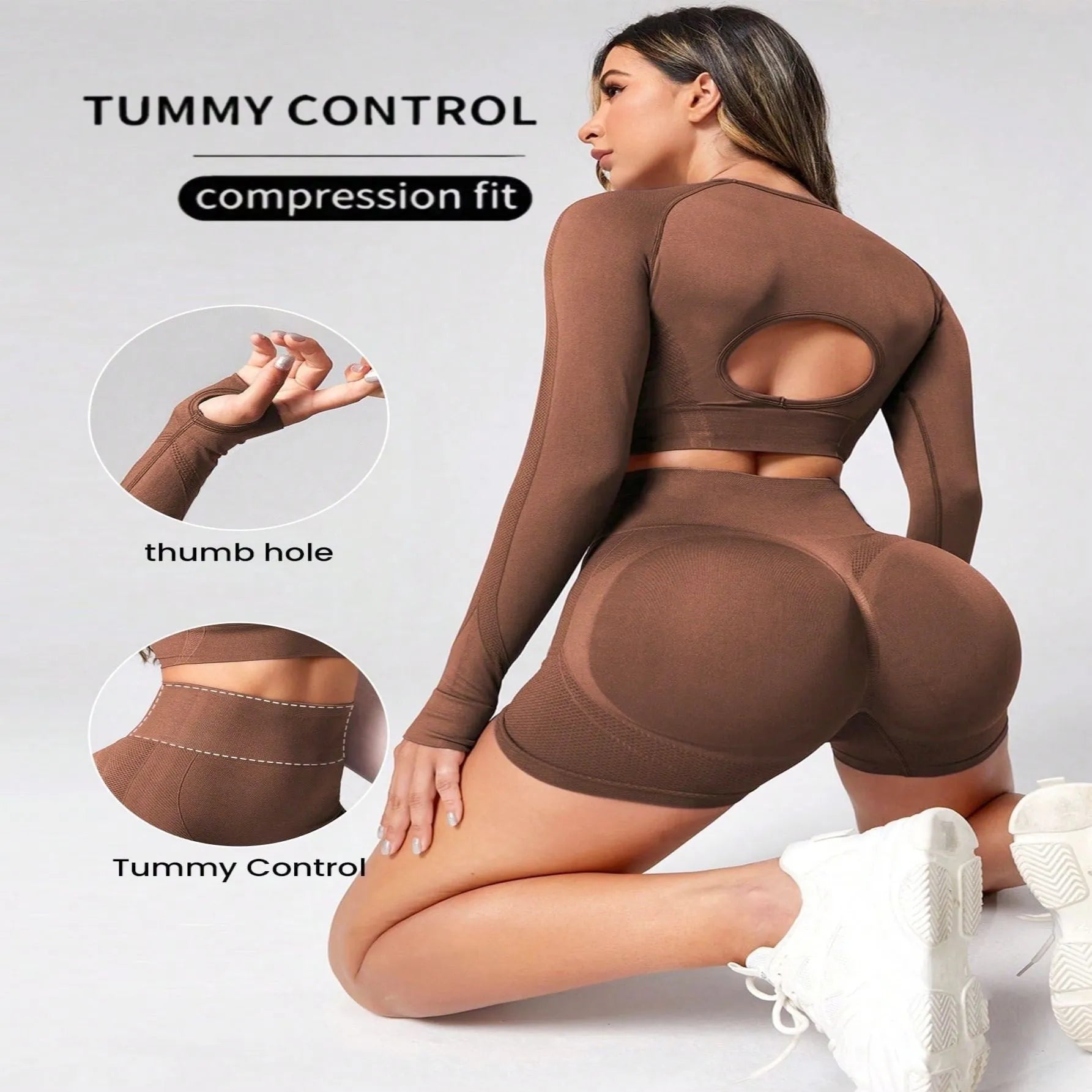 Women's black high waist yoga suit set with long sleeve top and trousers for fitness